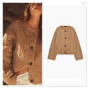 Zara Washed Effect Padded Quilted Jacket Sz:L Mid Camel